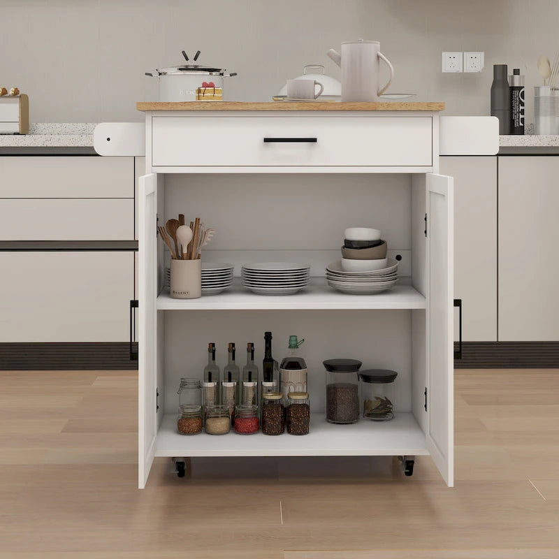 Desserte de cuisine à roulettes avec plan de travail en bois d'hévéa, 1 tiroir, 2 portes