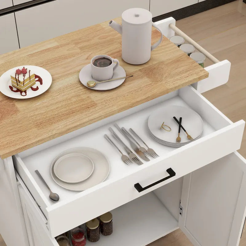 Desserte de cuisine à roulettes avec plan de travail en bois d'hévéa, 1 tiroir, 2 portes