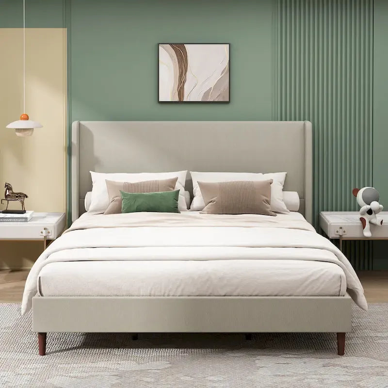 King Platform Bed with Solid Wood Legs & 12-Slat Support