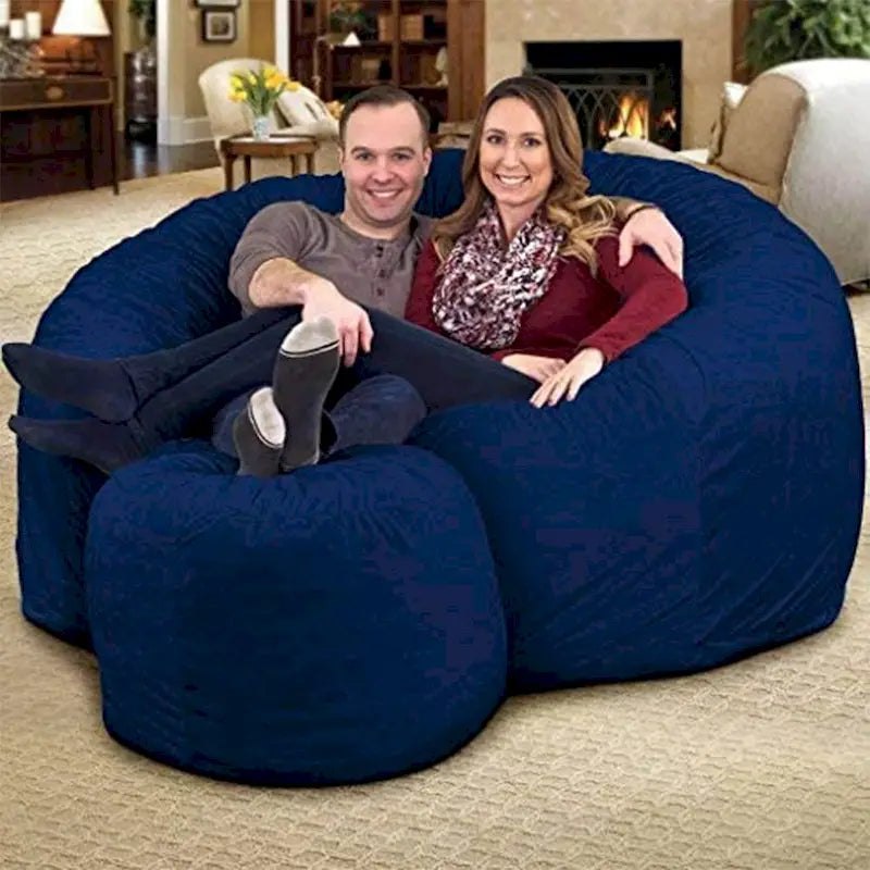 Pouf poire, très grand fauteuil inclinable d'intérieur confortable, en daim bleu.