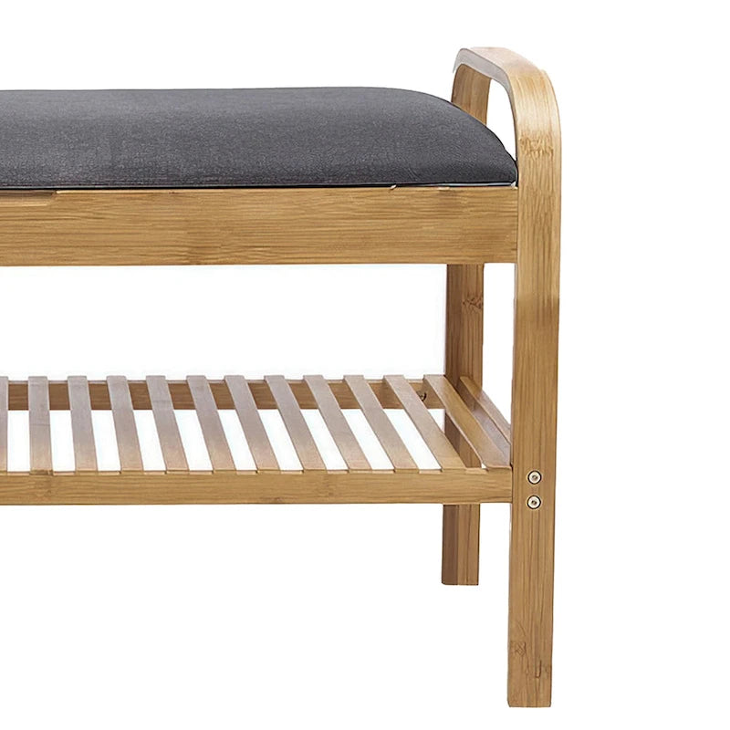 Banc de meuble à chaussures, assise en polyester gris, assise en bois de noyer et bambou marron.