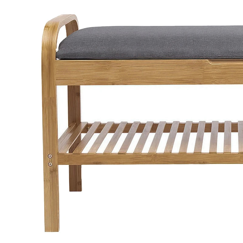 Banc de meuble à chaussures, assise en polyester gris, assise en bois de noyer et bambou marron.