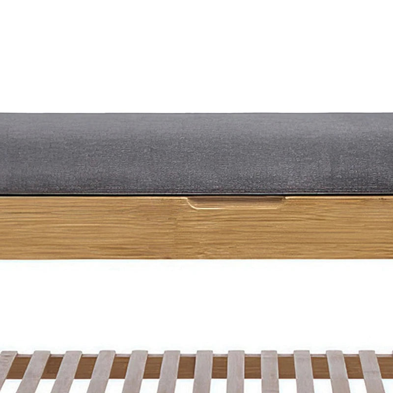 Banc de meuble à chaussures, assise en polyester gris, assise en bois de noyer et bambou marron.