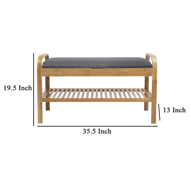 Banc de meuble à chaussures, assise en polyester gris, assise en bois de noyer et bambou marron.