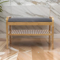 Banc de meuble à chaussures, assise en polyester gris, assise en bois de noyer et bambou marron.