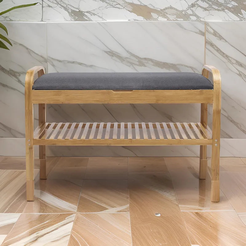 Banc de meuble à chaussures, assise en polyester gris, assise en bois de noyer et bambou marron.