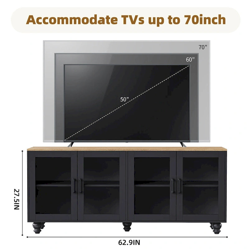 Un meuble TV avec étagères et portes en verre trempé, et un centre de divertissement avec étagères réglables.