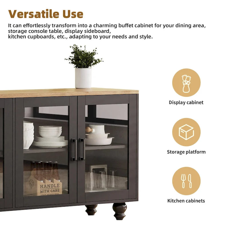 Un meuble TV avec étagères et portes en verre trempé, et un centre de divertissement avec étagères réglables.