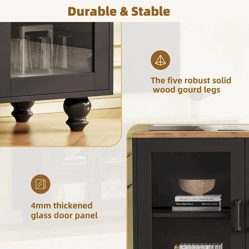 Un meuble TV avec étagères et portes en verre trempé, et un centre de divertissement avec étagères réglables.
