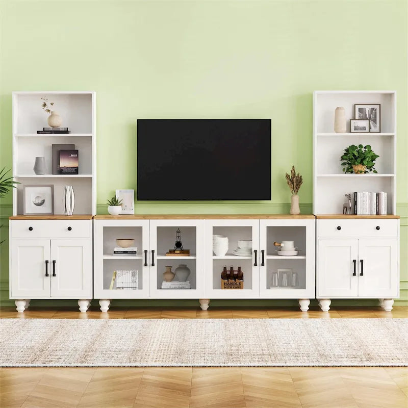 Un meuble TV avec étagères et portes en verre trempé, et un centre de divertissement avec étagères réglables.