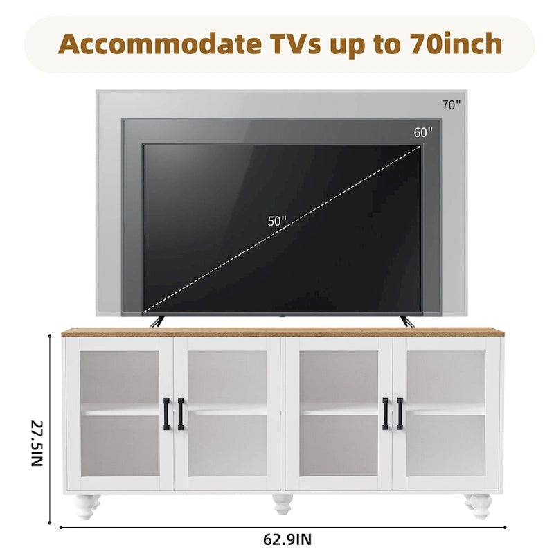 Un meuble TV avec étagères et portes en verre trempé, et un centre de divertissement avec étagères réglables.