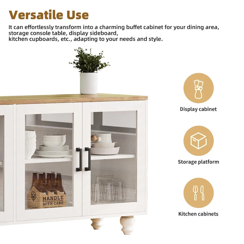 Un meuble TV avec étagères et portes en verre trempé, et un centre de divertissement avec étagères réglables.