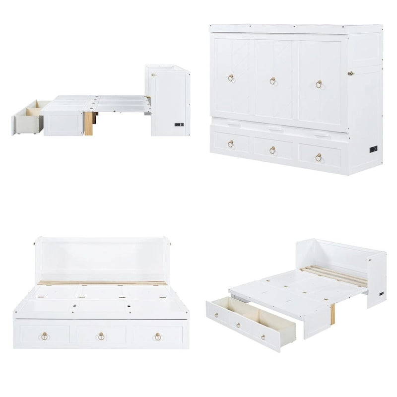 Lit escamotable Queen Size en bois avec module port USB et tiroir