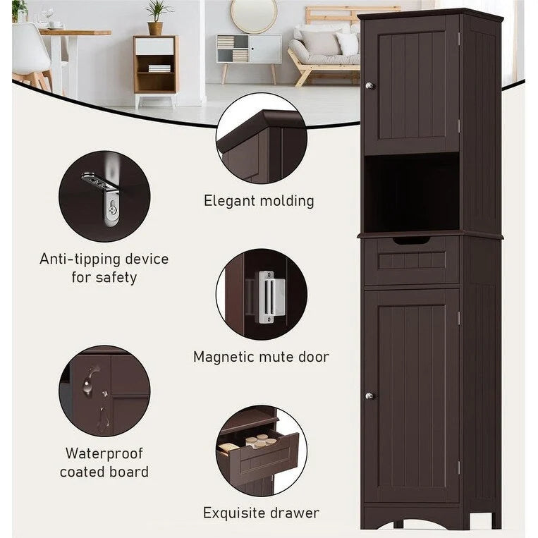 Meuble-lavabo de salle de bain de 170 cm de haut avec armoire de rangement étroite pour le linge de maison