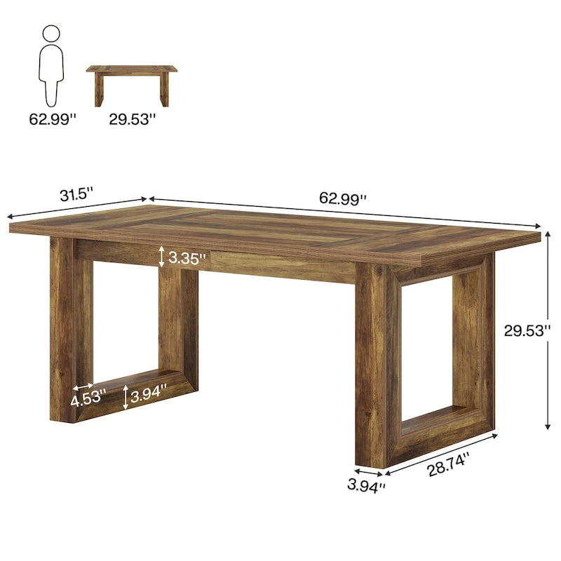 Table de salle à manger rectangulaire en bois, style rustique, de 160 cm