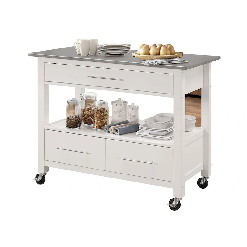 Chariot de cuisine finition blanche avec plan de travail en acier inoxydable