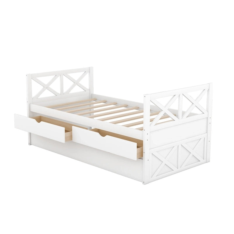 Lit de repos double en pin blanc avec tiroirs et lit gigogne