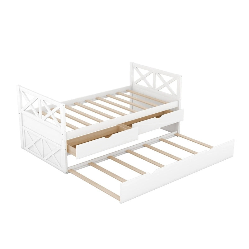 Lit de repos double en pin blanc avec tiroirs et lit gigogne