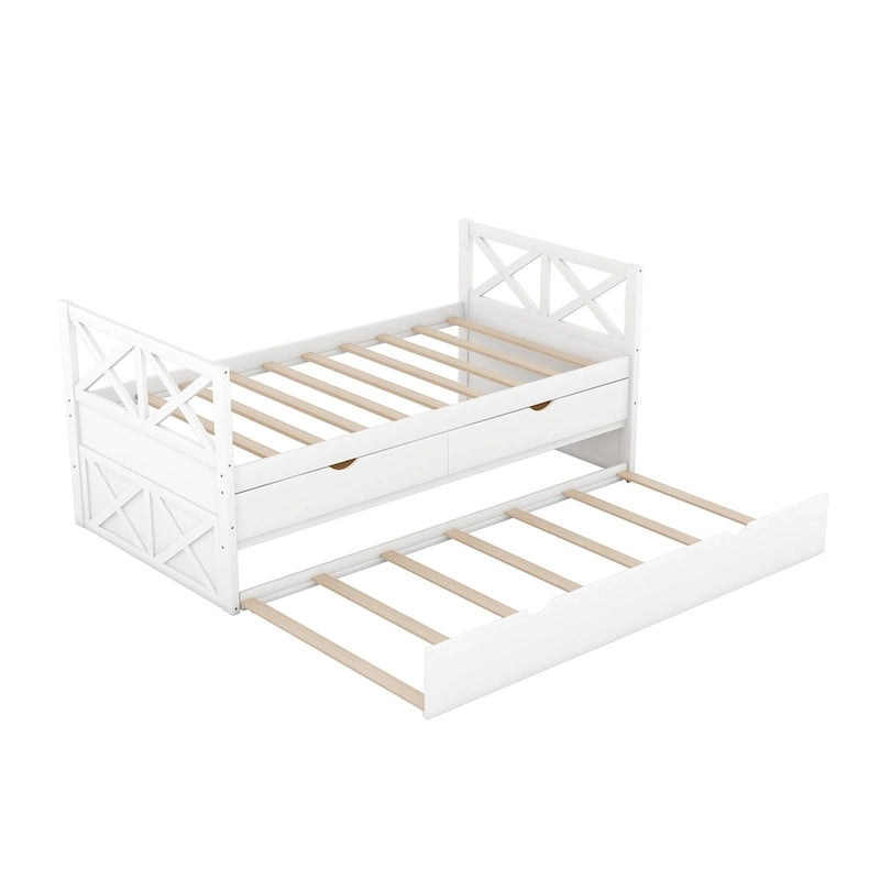 Lit de repos double en pin blanc avec tiroirs et lit gigogne