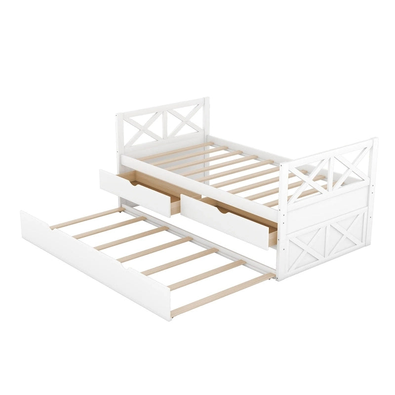 Lit de repos double en pin blanc avec tiroirs et lit gigogne