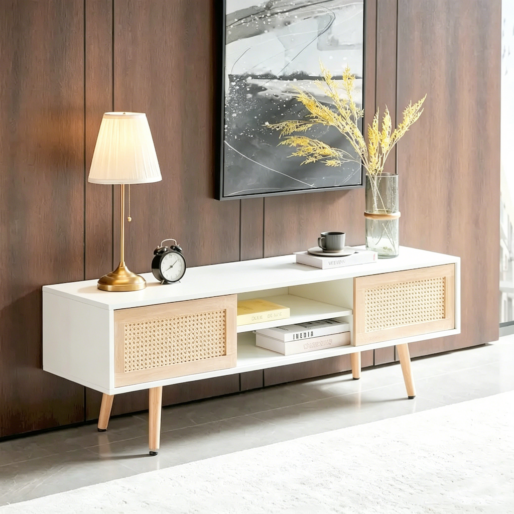 Meuble TV blanc 55.12 avec portes coulissantes, pieds en bois et étagère réglable