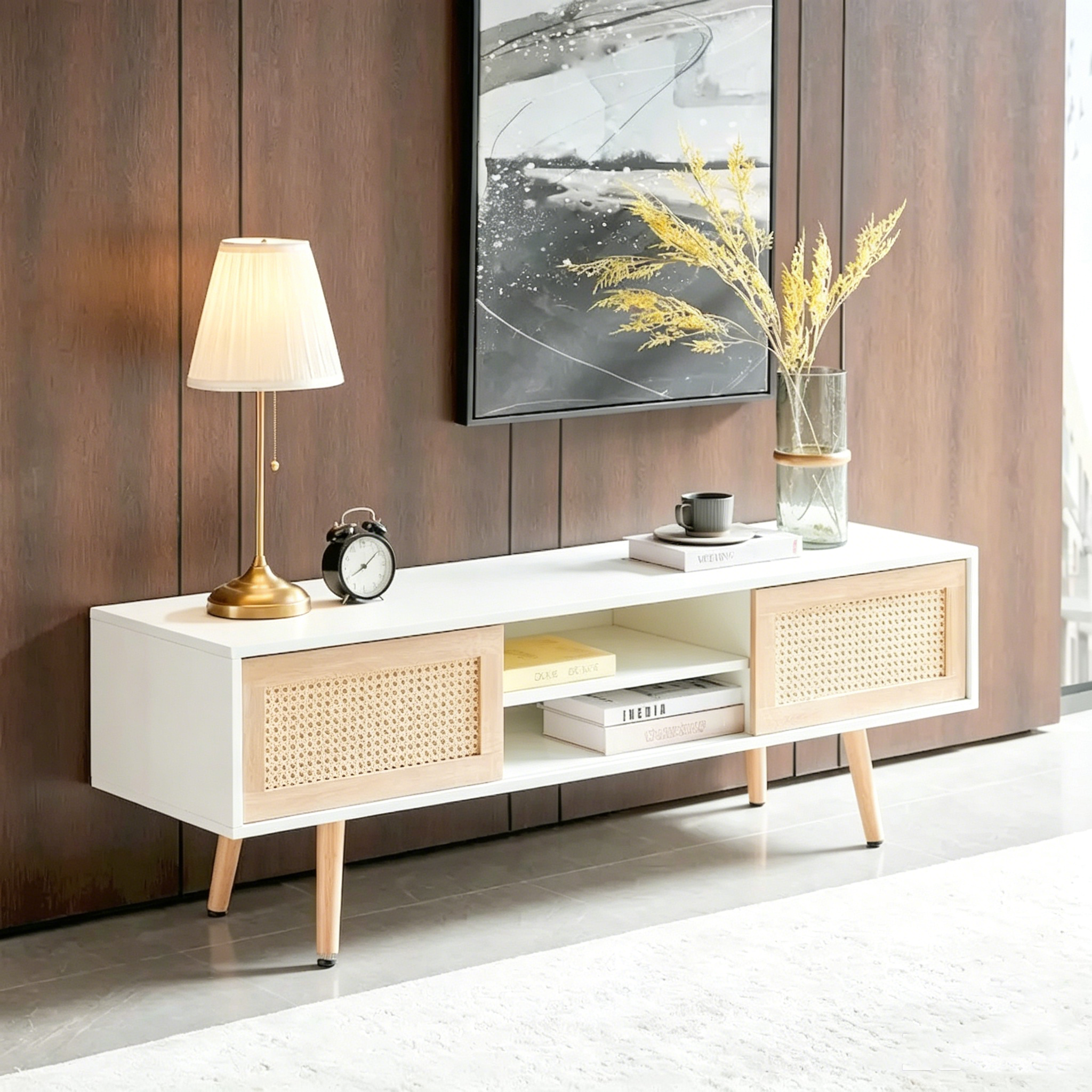 Meuble TV blanc 55.12 avec portes coulissantes, pieds en bois et étagère réglable