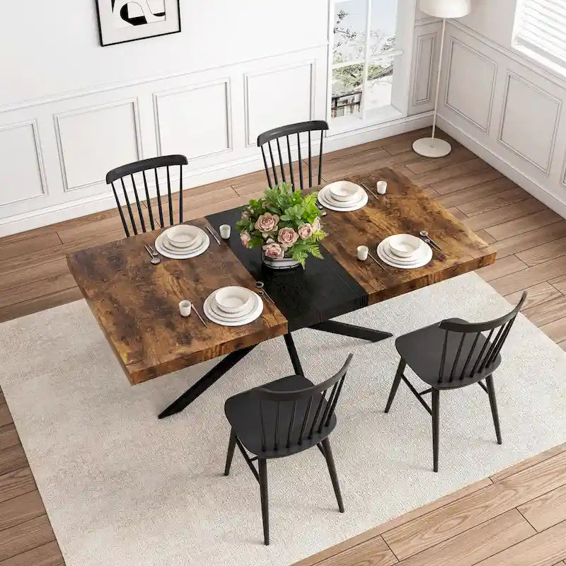 Table à manger rectangulaire rétro avec piètement central gaufré noir
