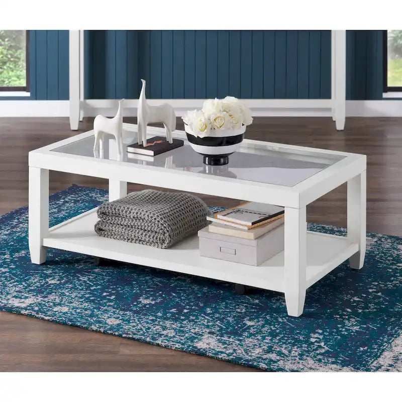 Table basse de 122 cm de large avec plateau en bois et verre et étagère de rangement