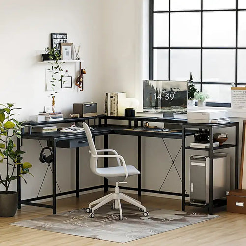 Bureau d'ordinateur de 172 cm avec tiroir de classement et prise de courant, lumières LED